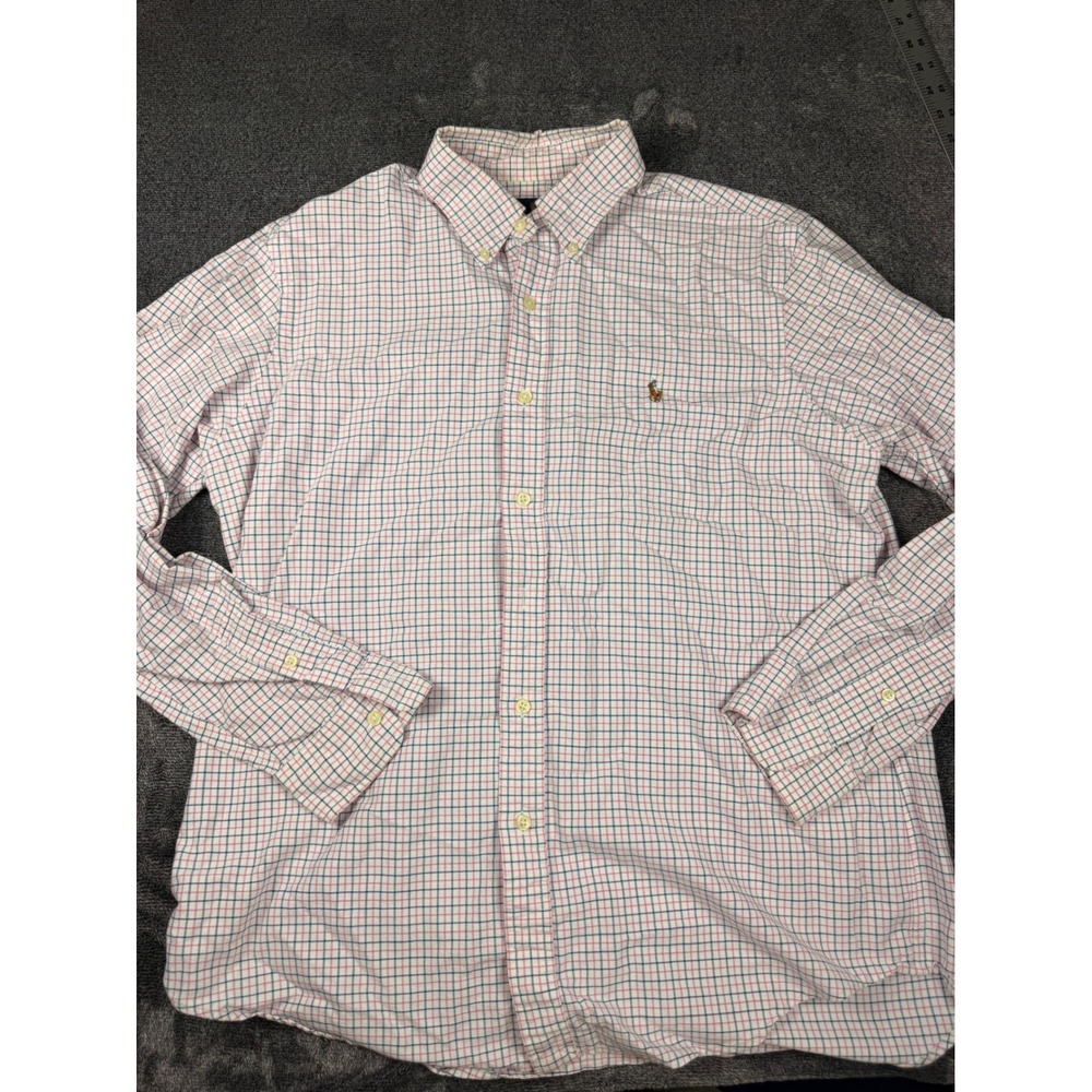 Ralph Lauren Mens Large Pink Blue Tattersall Check Flesh Pony Button Down Shirt